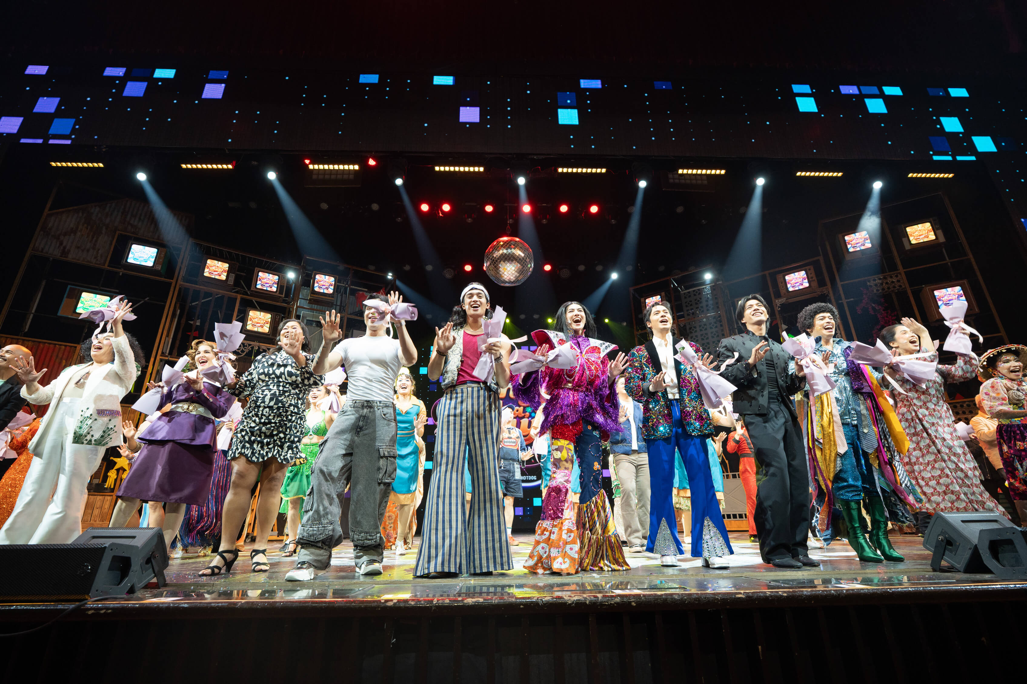The cast of Bongga Ka, ’Day!: The Annie Batungbakal Musical during opening night curtain call at the Newport Performing Arts Theater.