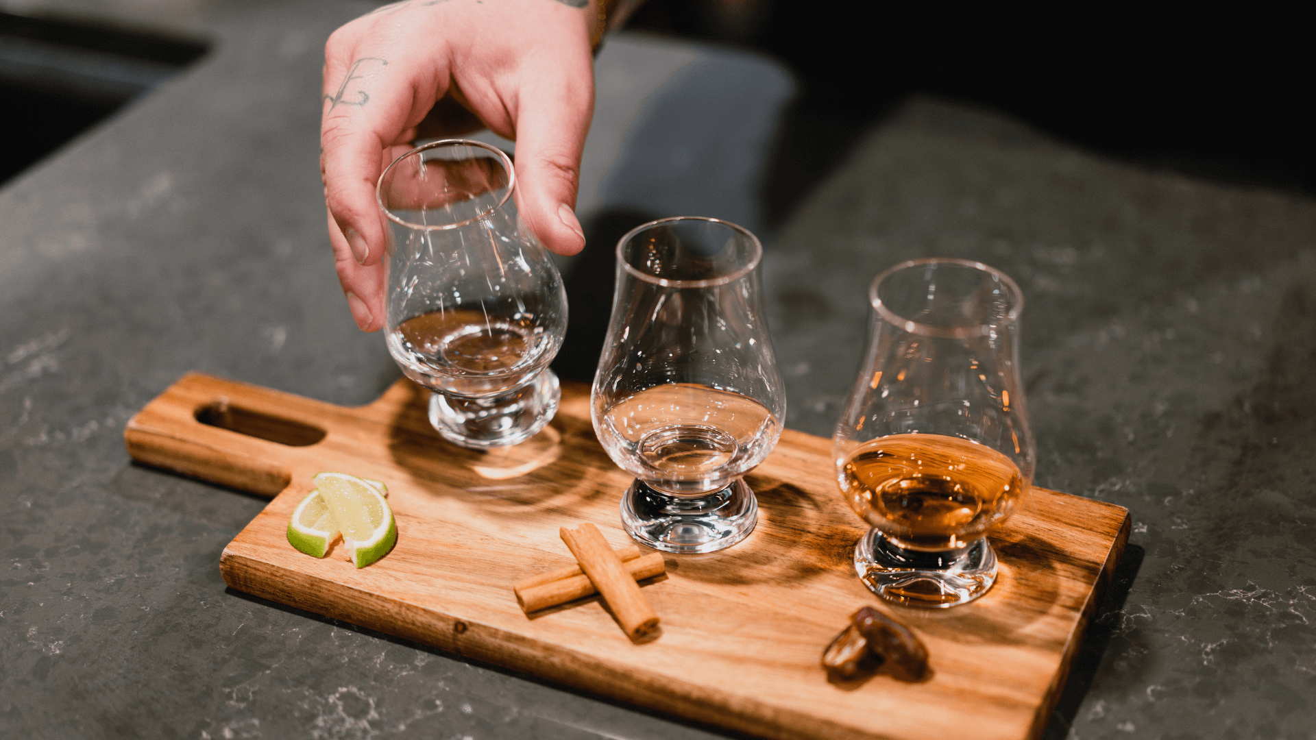 Tulip-shaped glass lined up for whiskey tasting