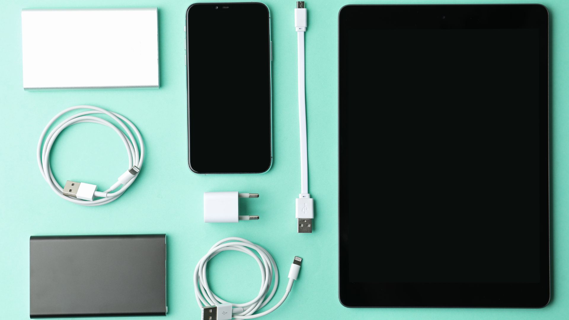 Gadgets with charging cables and adapter